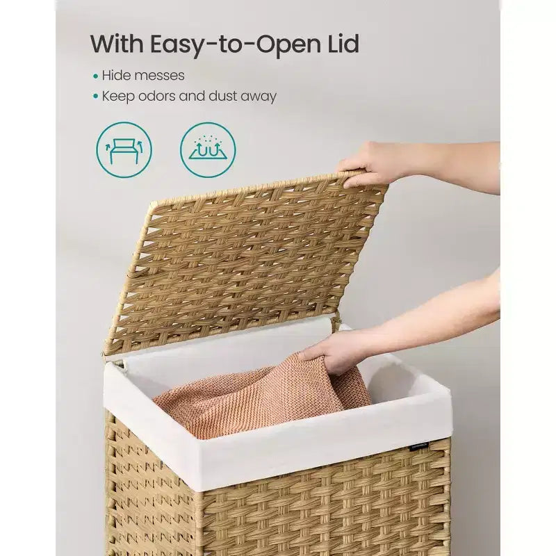 Cesta portabiancheria mobile con ruote, cesto in rattan sintetico a 2 scomparti con rivestimento rimovibile