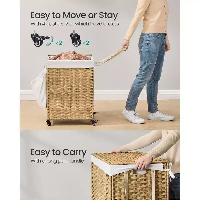 Cesta portabiancheria mobile con ruote, cesto in rattan sintetico a 2 scomparti con rivestimento rimovibile
