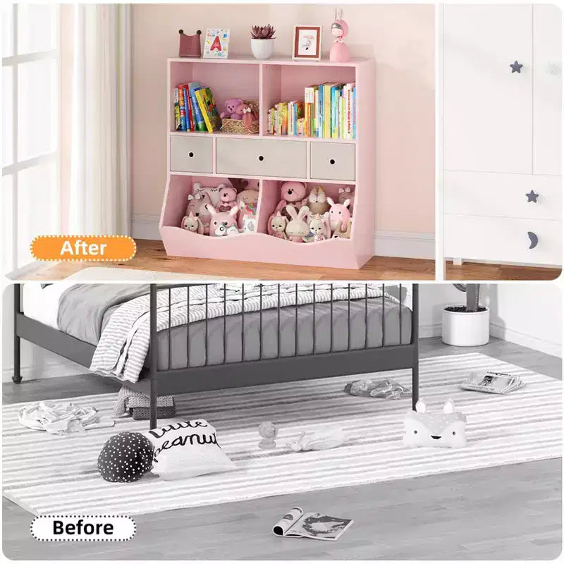 Libreria per Bambini con Contenitore per Giocattoli - Scaffale in Legno a 4 Scomparti con 3 Cassetti e Contenitori Inclinati per Giocattoli per Asilo Nido, Sala Giochi (Rosa)
