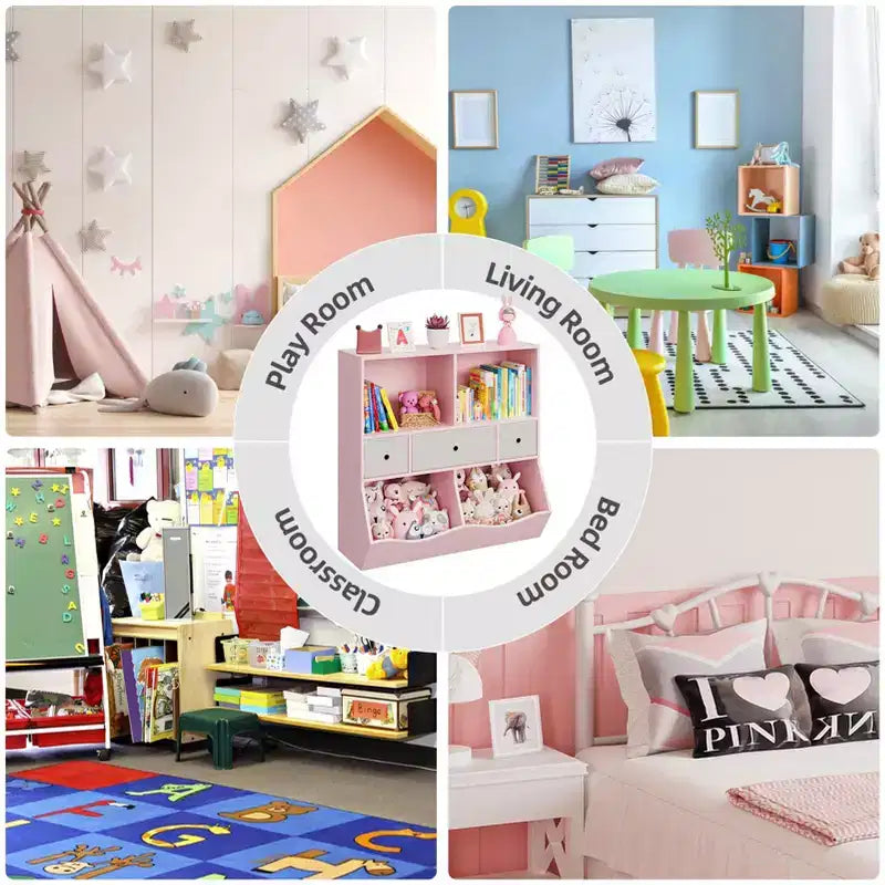 Libreria per Bambini con Contenitore per Giocattoli - Scaffale in Legno a 4 Scomparti con 3 Cassetti e Contenitori Inclinati per Giocattoli per Asilo Nido, Sala Giochi (Rosa)