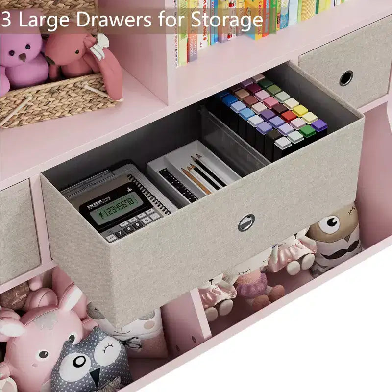 Libreria per Bambini con Contenitore per Giocattoli - Scaffale in Legno a 4 Scomparti con 3 Cassetti e Contenitori Inclinati per Giocattoli per Asilo Nido, Sala Giochi (Rosa)