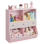 Libreria per Bambini con Contenitore per Giocattoli - Scaffale in Legno a 4 Scomparti con 3 Cassetti e Contenitori Inclinati per Giocattoli per Asilo Nido, Sala Giochi (Rosa)
