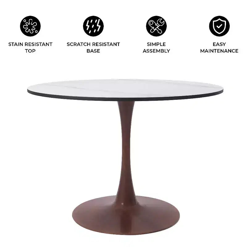 Tavolo da pranzo rotondo da 40 pollici con piano in pietra sinterizzata e base a piedistallo in acciaio noce per cucina e sala da pranzo moderne