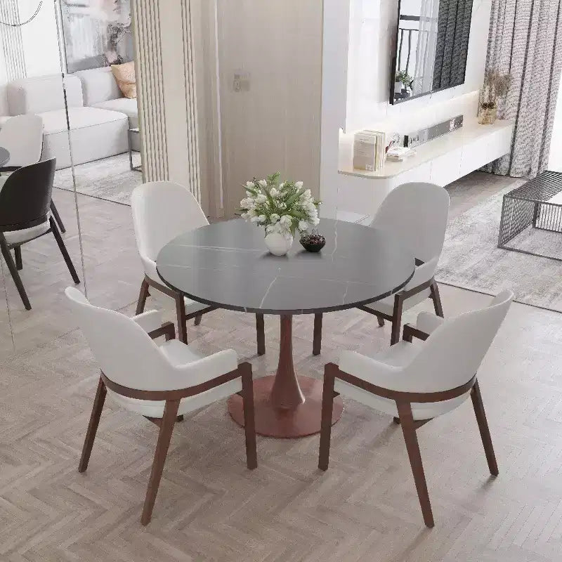 Tavolo da pranzo rotondo da 40 pollici con piano in pietra sinterizzata e base a piedistallo in acciaio noce per cucina e sala da pranzo moderne