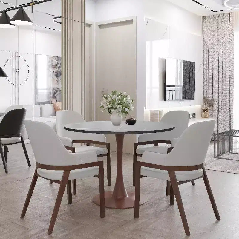 Tavolo da pranzo rotondo da 40 pollici con piano in pietra sinterizzata e base a piedistallo in acciaio noce per cucina e sala da pranzo moderne