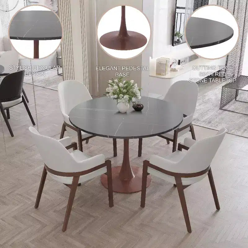 Tavolo da pranzo rotondo da 40 pollici con piano in pietra sinterizzata e base a piedistallo in acciaio noce per cucina e sala da pranzo moderne