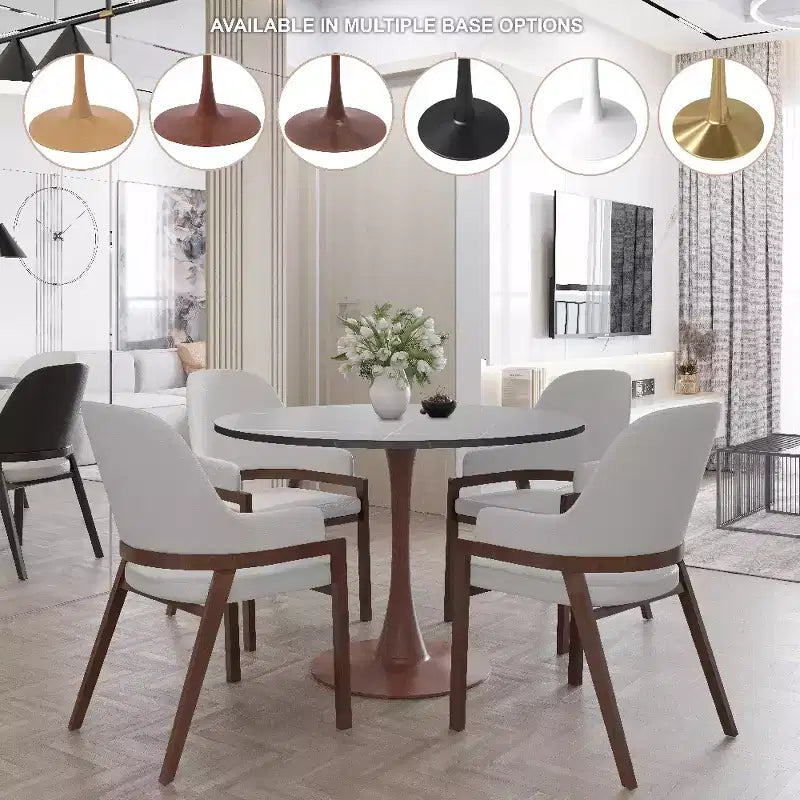Tavolo da pranzo rotondo da 40 pollici con piano in pietra sinterizzata e base a piedistallo in acciaio noce per cucina e sala da pranzo moderne