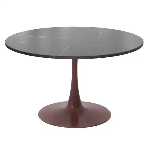 LeisureMod Bristol 40 Round Dining Table with Sintered Stone Top and Walnut Steel Pedestal Base for Modern Kitchen and Dining Room