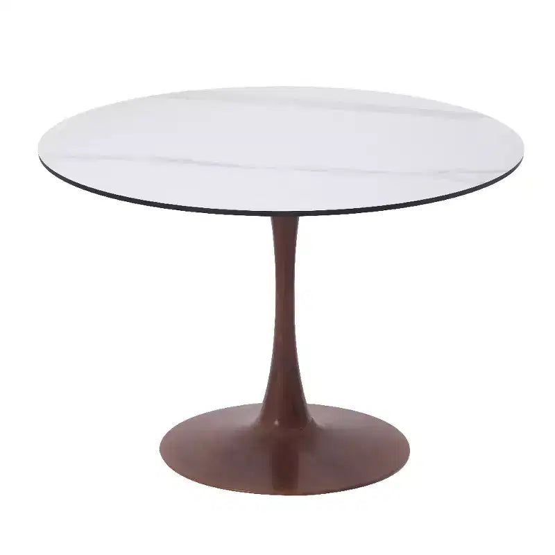 Tavolo da pranzo rotondo da 40 pollici con piano in pietra sinterizzata e base a piedistallo in acciaio noce per cucina e sala da pranzo moderne