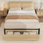 Struttura Letto Boho in Rattan Naturale con Testiera in Legno, 2 Cassetti Contenitori, Luci LED RGB, Robusta Piattaforma con Doghe, Nessuna Molla Richiesta