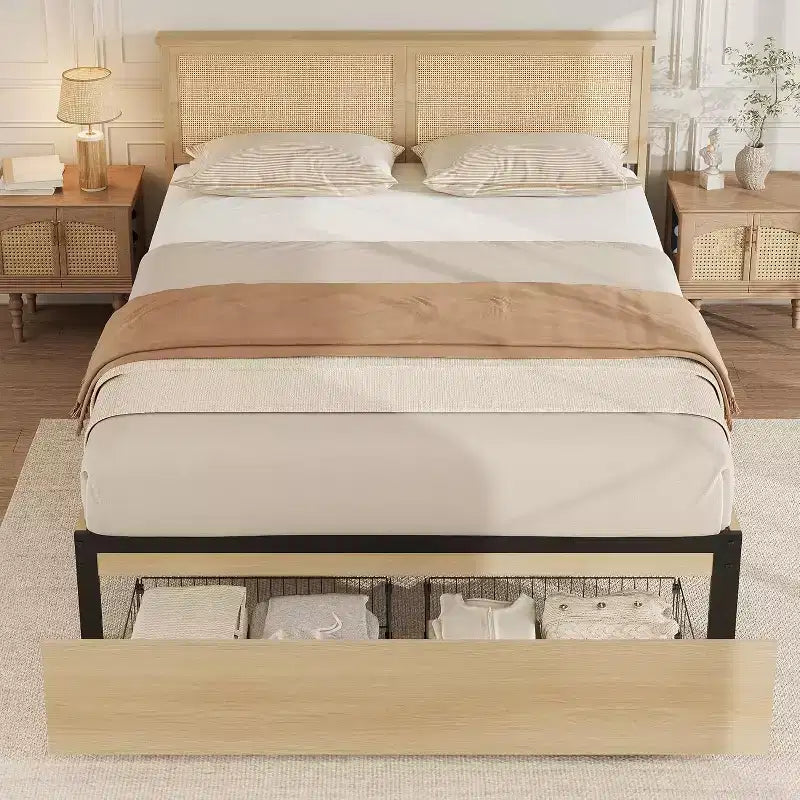 Boho Natural Rattan Bed Frame with Wooden Headboard, 2 Storage Drawers, RGB LED Lights, Sturdy Platform with Slats, No Box Spring Required
