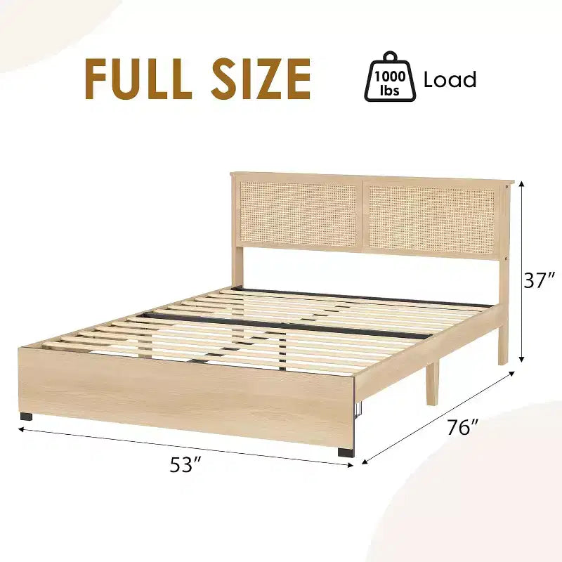 Boho Natural Rattan Bed Frame with Wooden Headboard, 2 Storage Drawers, RGB LED Lights, Sturdy Platform with Slats, No Box Spring Required