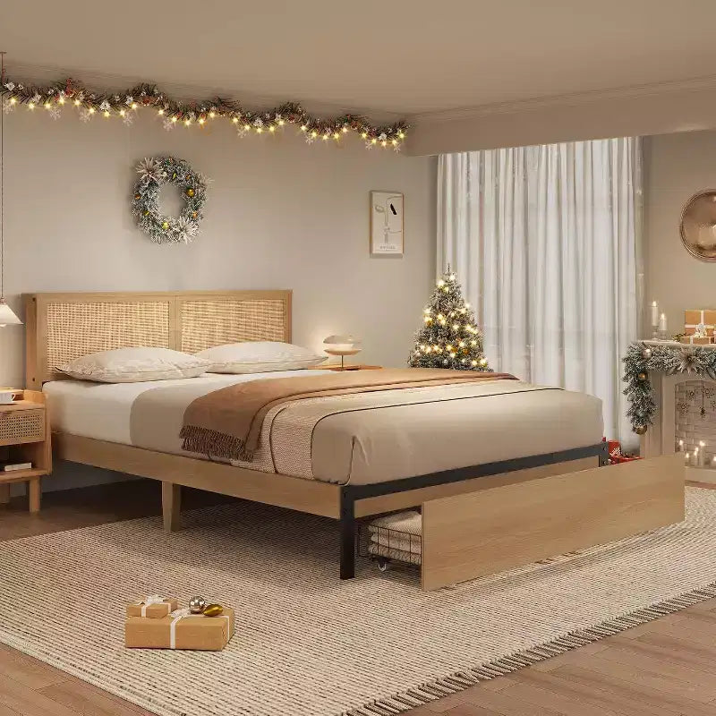 Boho Natural Rattan Bed Frame with Wooden Headboard, 2 Storage Drawers, RGB LED Lights, Sturdy Platform with Slats, No Box Spring Required