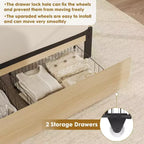 Struttura Letto Boho in Rattan Naturale con Testiera in Legno, 2 Cassetti Contenitori, Luci LED RGB, Robusta Piattaforma con Doghe, Nessuna Molla Richiesta
