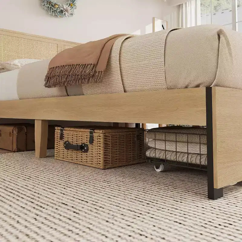 Boho Natural Rattan Bed Frame with Wooden Headboard, 2 Storage Drawers, RGB LED Lights, Sturdy Platform with Slats, No Box Spring Required