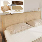 Struttura Letto Boho in Rattan Naturale con Testiera in Legno, 2 Cassetti Contenitori, Luci LED RGB, Robusta Piattaforma con Doghe, Nessuna Molla Richiesta