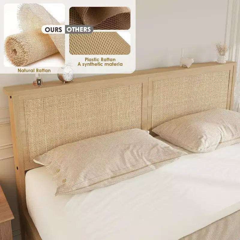 Boho Natural Rattan Bed Frame with Wooden Headboard, 2 Storage Drawers, RGB LED Lights, Sturdy Platform with Slats, No Box Spring Required
