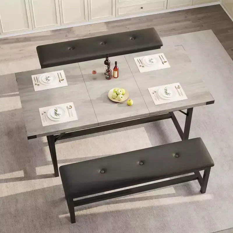Tavolo da Pranzo Allungabile con Panca, Set Tavolo da Cucina Rettangolare Grande Allungabile da 4-6 Posti con 2 Panche Imbottite, per Appartamento, Piccolo Spazio