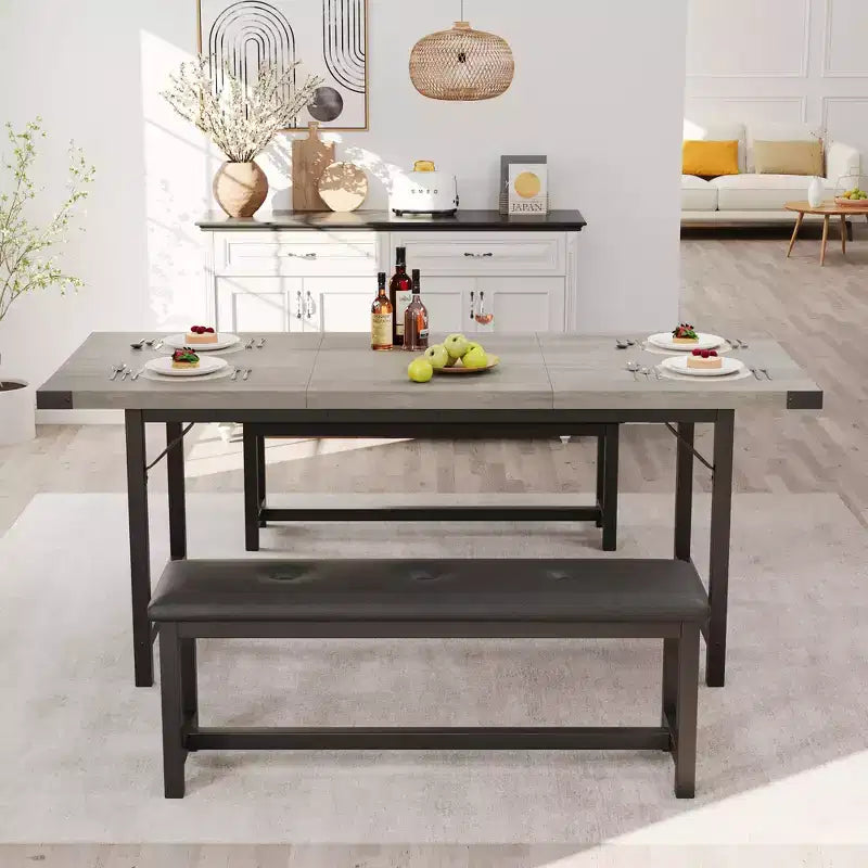 Tavolo da Pranzo Allungabile con Panca, Set Tavolo da Cucina Rettangolare Grande Allungabile da 4-6 Posti con 2 Panche Imbottite, per Appartamento, Piccolo Spazio