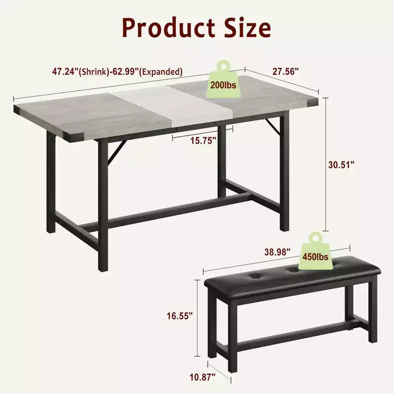 Tavolo da Pranzo Allungabile con Panca, Set Tavolo da Cucina Rettangolare Grande Allungabile da 4-6 Posti con 2 Panche Imbottite, per Appartamento, Piccolo Spazio