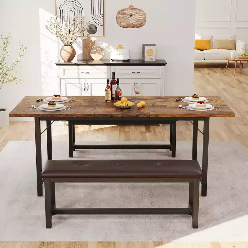 Tavolo da Pranzo Allungabile con Panca, Set Tavolo da Cucina Rettangolare Grande Allungabile da 4-6 Posti con 2 Panche Imbottite, per Appartamento, Piccolo Spazio