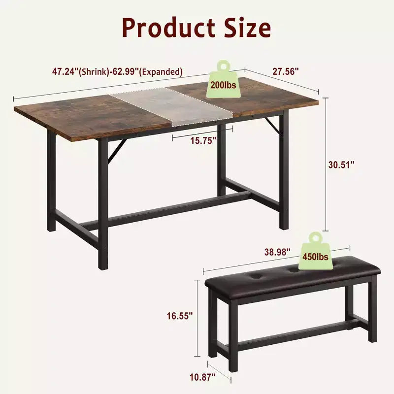 Tavolo da Pranzo Allungabile con Panca, Set Tavolo da Cucina Rettangolare Grande Allungabile da 4-6 Posti con 2 Panche Imbottite, per Appartamento, Piccolo Spazio