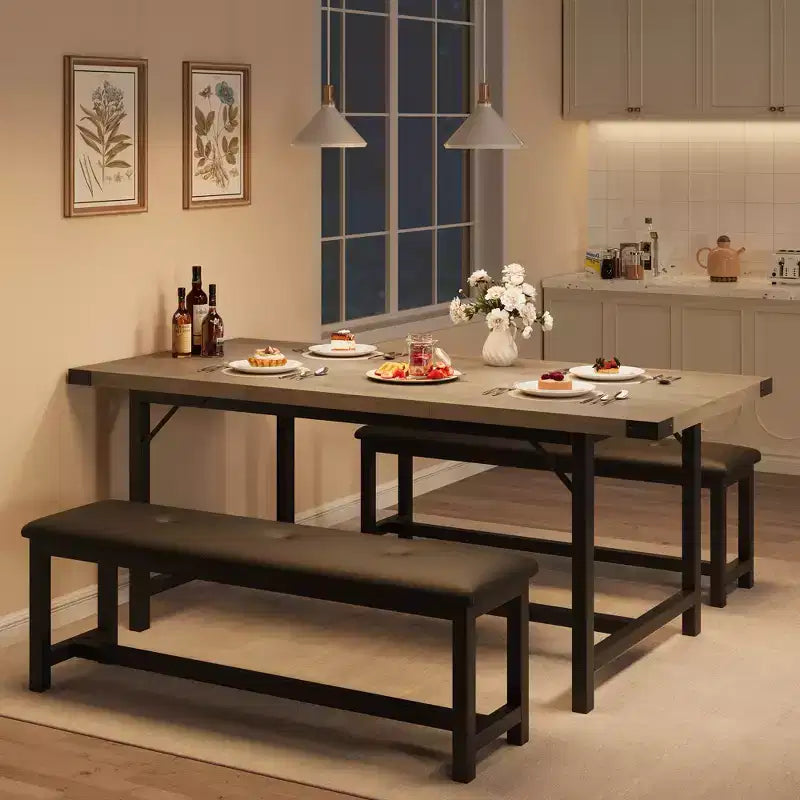 Tavolo da Pranzo Allungabile con Panca, Set Tavolo da Cucina Rettangolare Grande Allungabile da 4-6 Posti con 2 Panche Imbottite, per Appartamento, Piccolo Spazio