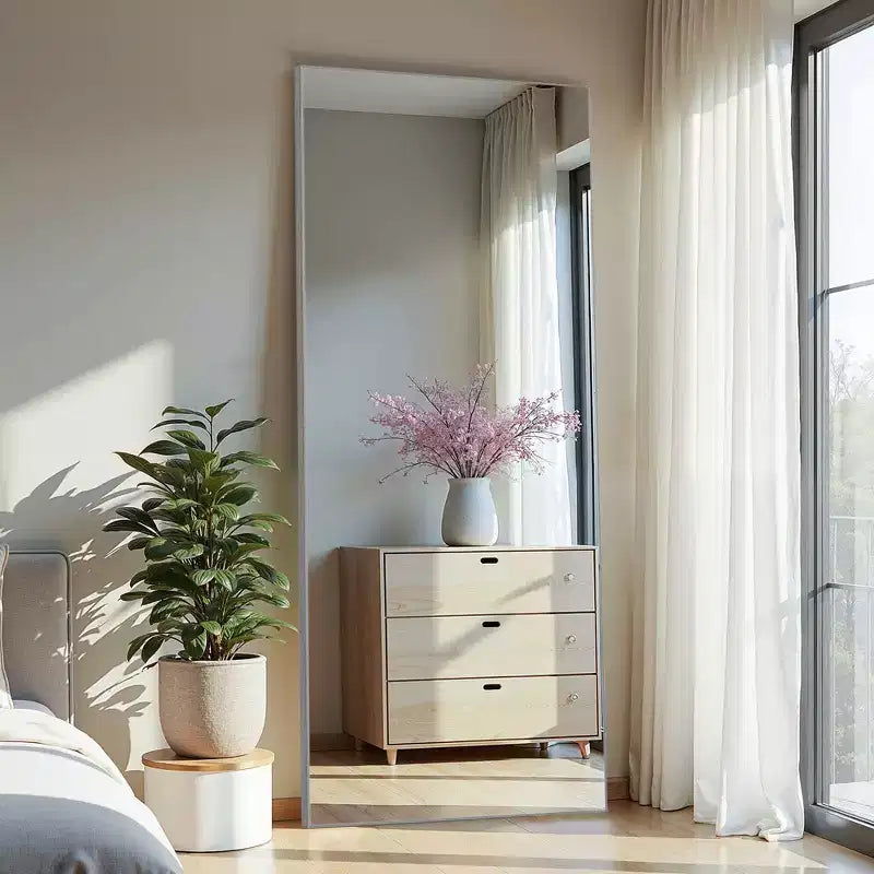 31 in. W x 71 in. H Rectangular Metal Framed Full Length Wall Mirror Free Standing Mirror in Silver