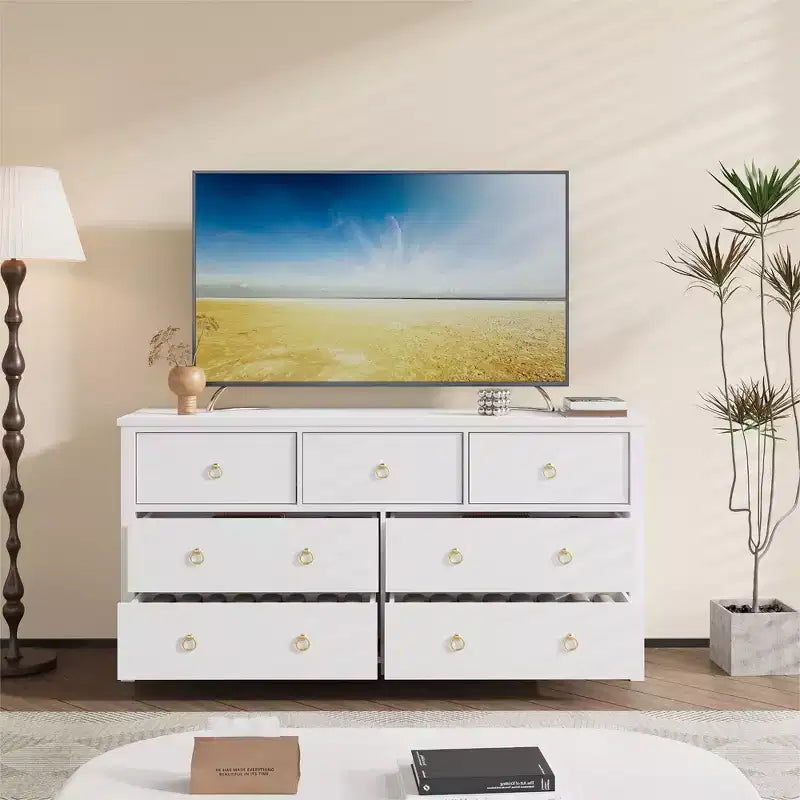 Cassettiera a 3 cassetti per camera da letto, Comò in legno con maniglie dorate, Mobile TV console multimediale, Cassettiera armadio autoportante per soggiorno