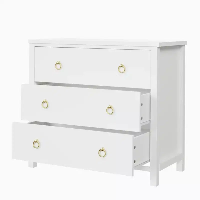 Cassettiera a 3 cassetti per camera da letto, Comò in legno con maniglie dorate, Mobile TV console multimediale, Cassettiera armadio autoportante per soggiorno