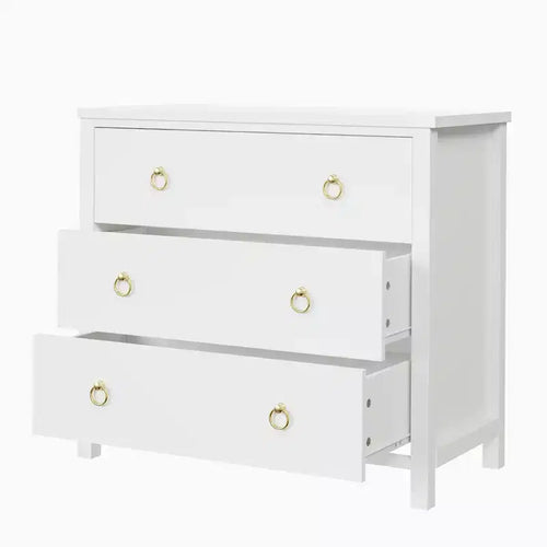 Cassettiera a 3 cassetti per camera da letto, Comò in legno con maniglie dorate, Mobile TV console multimediale, Cassettiera armadio autoportante per soggiorno