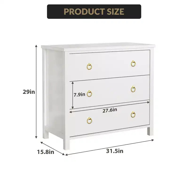 Cassettiera a 3 cassetti per camera da letto, Comò in legno con maniglie dorate, Mobile TV console multimediale, Cassettiera armadio autoportante per soggiorno