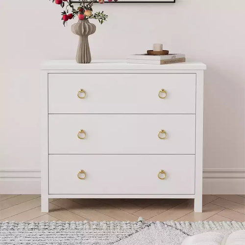 3 Drawer Dresser for Bedroom, Wooden Chest of Drawers with Gold Handles, Media Console Table TV Stand, Freestanding Closet Dresser for Living Room