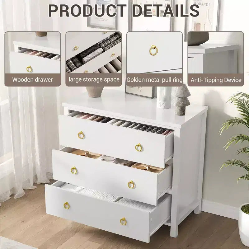 3 Drawer Dresser for Bedroom, Wooden Chest of Drawers with Gold Handles, Media Console Table TV Stand, Freestanding Closet Dresser for Living Room
