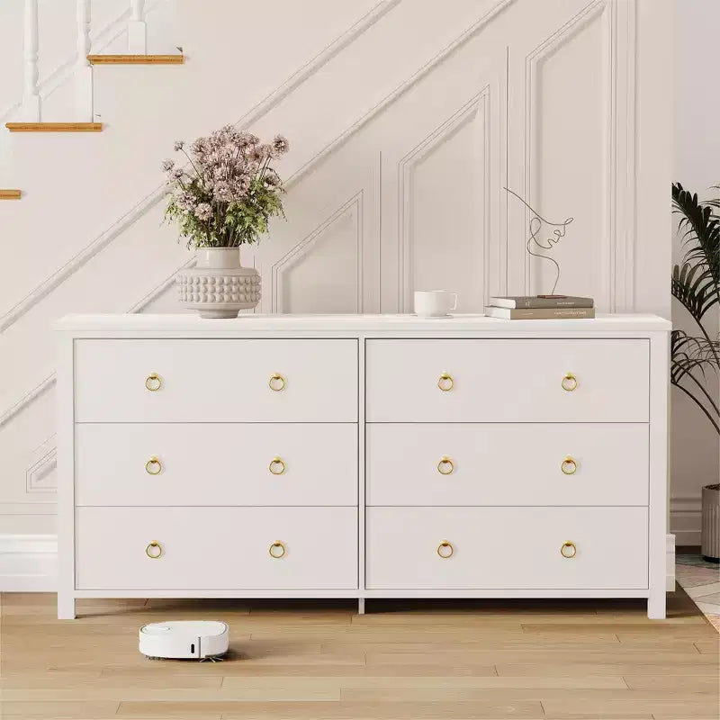 3 Drawer Dresser for Bedroom, Wooden Chest of Drawers with Gold Handles, Media Console Table TV Stand, Freestanding Closet Dresser for Living Room