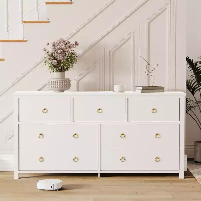 3 Drawer Dresser for Bedroom, Wooden Chest of Drawers with Gold Handles, Media Console Table TV Stand, Freestanding Closet Dresser for Living Room