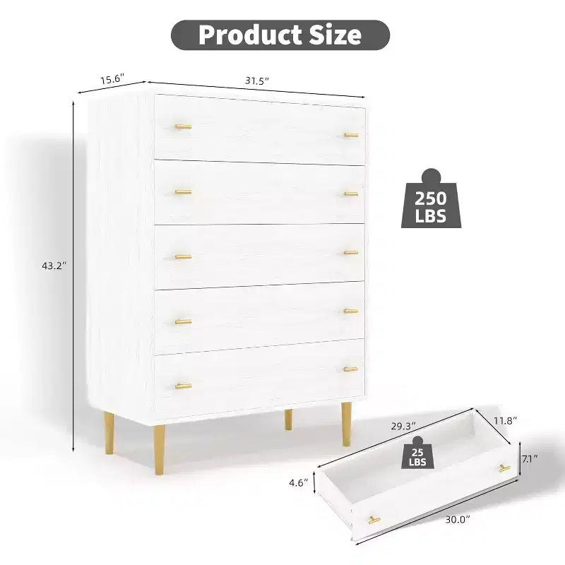 Cassettiera a 5/6 cassetti per camera da letto, cassettiera alta in legno rustico vintage con maniglie dorate, per camera da letto, soggiorno, corridoio, bianco