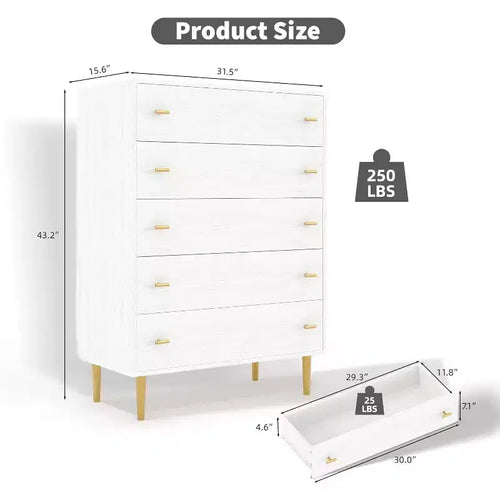 Cassettiera a 5/6 cassetti per camera da letto, cassettiera alta in legno rustico vintage con maniglie dorate, per camera da letto, soggiorno, corridoio, bianco