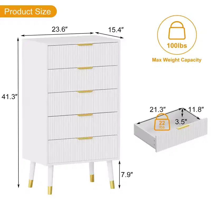 Modern 5-Drawer Dresser for Bedroom, 57 Wide Fluted Wood Chest of Drawers