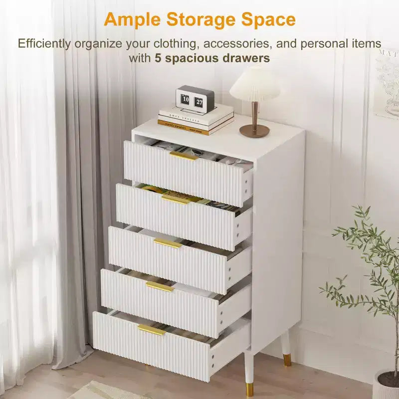 Modern 5-Drawer Dresser for Bedroom, 57 Wide Fluted Wood Chest of Drawers