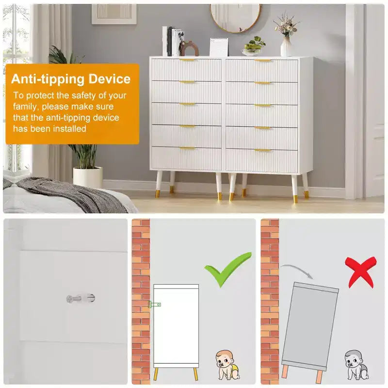 Modern 5-Drawer Dresser for Bedroom, 57 Wide Fluted Wood Chest of Drawers