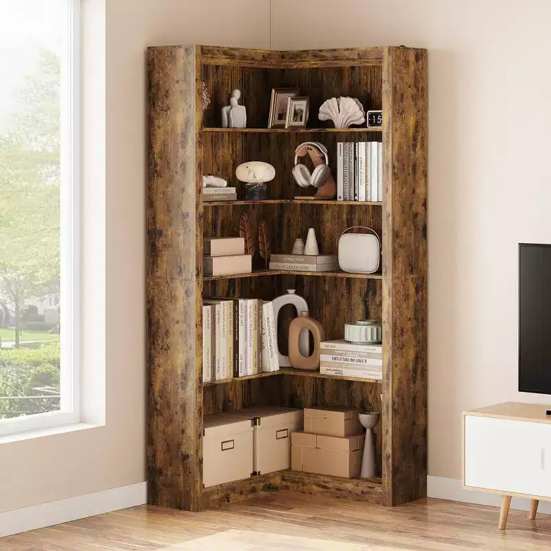 Libreria ad angolo, Libreria ad angolo in stile rustico da 71,8'', Libreria a forma di L, Libreria grande, Libreria a 5 ripiani resistente