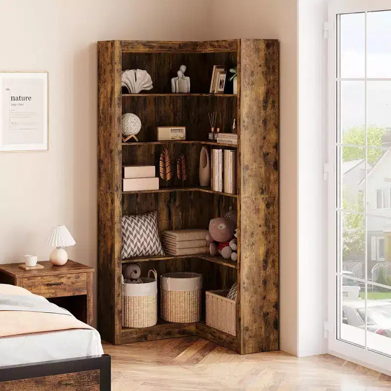 Libreria ad angolo, Libreria ad angolo in stile rustico da 71,8'', Libreria a forma di L, Libreria grande, Libreria a 5 ripiani resistente