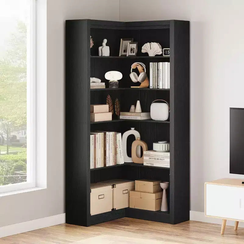 Libreria ad angolo, Libreria ad angolo in stile rustico da 71,8'', Libreria a forma di L, Libreria grande, Libreria a 5 ripiani resistente