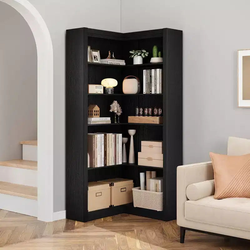 Libreria ad angolo, Libreria ad angolo in stile rustico da 71,8'', Libreria a forma di L, Libreria grande, Libreria a 5 ripiani resistente