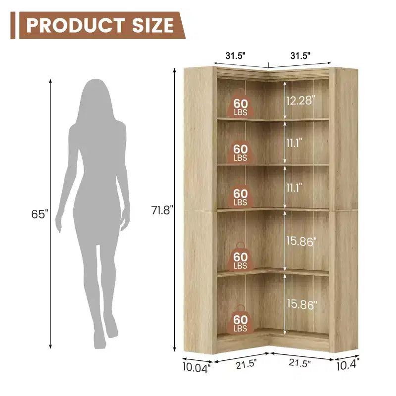 Libreria ad angolo, Libreria ad angolo in stile rustico da 71,8'', Libreria a forma di L, Libreria grande, Libreria a 5 ripiani resistente