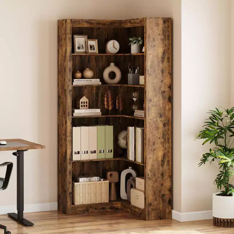 Libreria ad angolo, Libreria ad angolo in stile rustico da 71,8'', Libreria a forma di L, Libreria grande, Libreria a 5 ripiani resistente