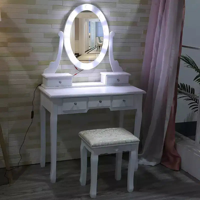 Moderna Toeletta da Trucco, Set Toeletta per Ragazze con Specchio Illuminato e Sgabello Imbottito, Tavolo da Trucco con 5 Cassetti per Camera da Letto, Tavolino da Trucco per Bambine e Donne