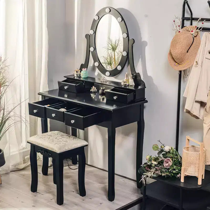 Moderna Toeletta da Trucco, Set Toeletta per Ragazze con Specchio Illuminato e Sgabello Imbottito, Tavolo da Trucco con 5 Cassetti per Camera da Letto, Tavolino da Trucco per Bambine e Donne