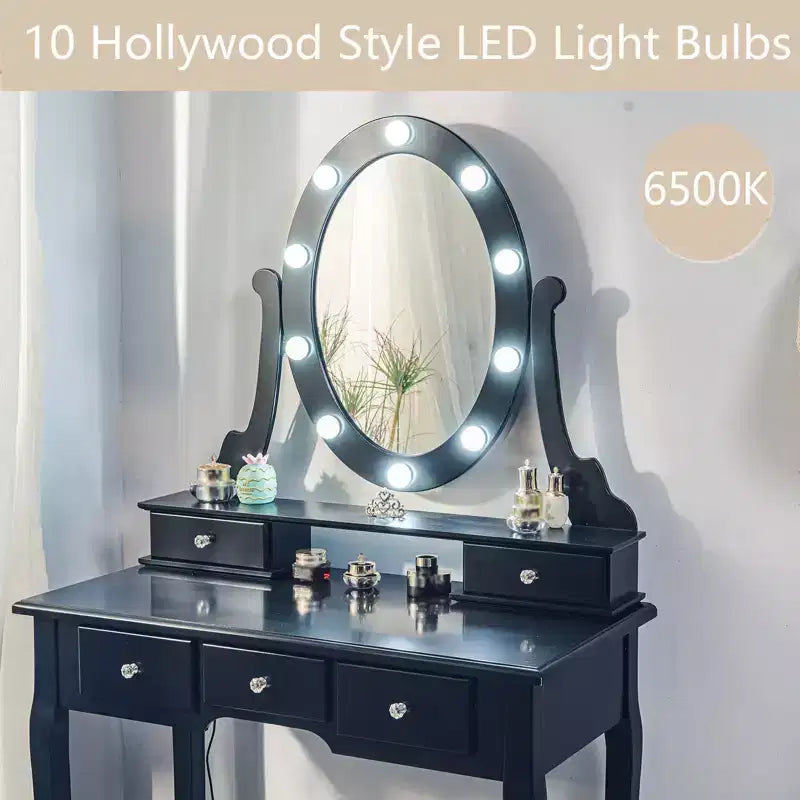 Moderna Toeletta da Trucco, Set Toeletta per Ragazze con Specchio Illuminato e Sgabello Imbottito, Tavolo da Trucco con 5 Cassetti per Camera da Letto, Tavolino da Trucco per Bambine e Donne